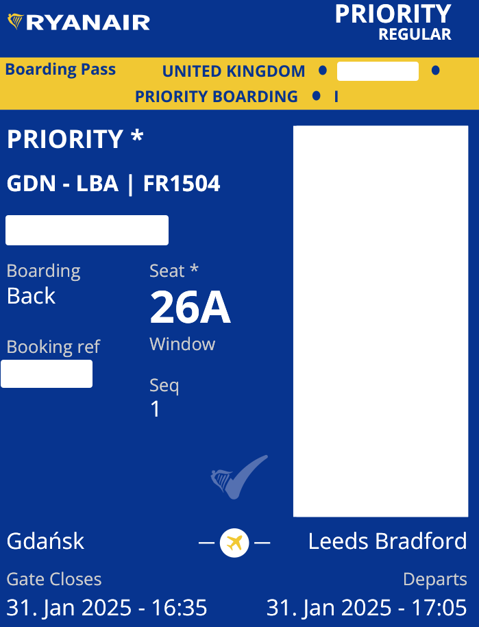 Example of boarding pass from Gdansk to Leeds