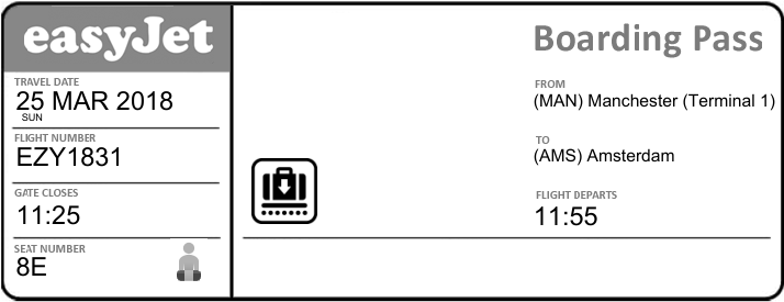 Example of boarding pass from Manchester to Amsterdam