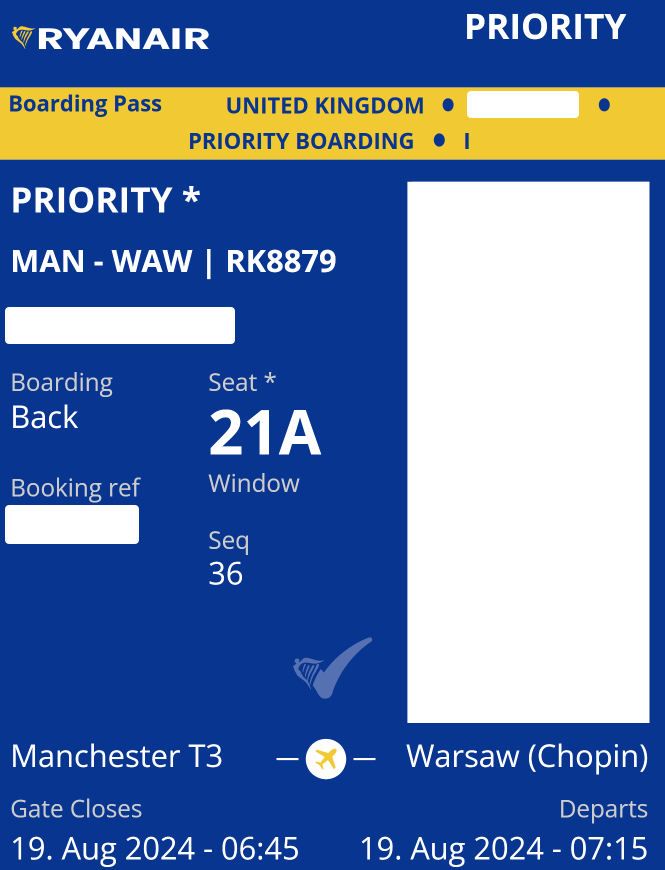 Example of boarding pass from Manchester to Warsaw