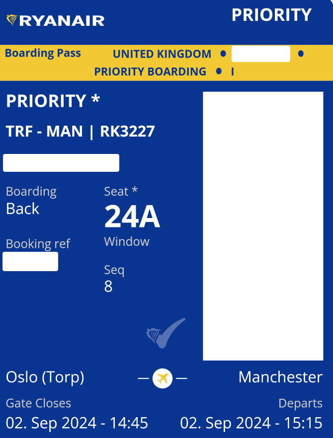 Example of boarding pass from Sandefjord to Manchester