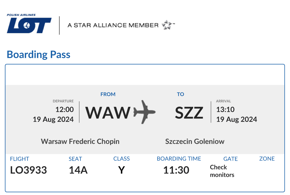 Example of boarding pass from Warsaw to Szczecin